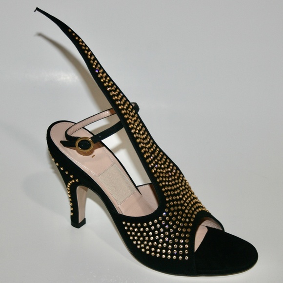 Gucci Black Suede Crystal Studded Sandals Heels - Picture 2 of 7